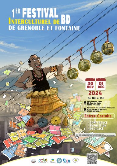 Affiche du 1er Festival Interculturel de BD de Grenoble et Fontaine, avec un personnage en costume.